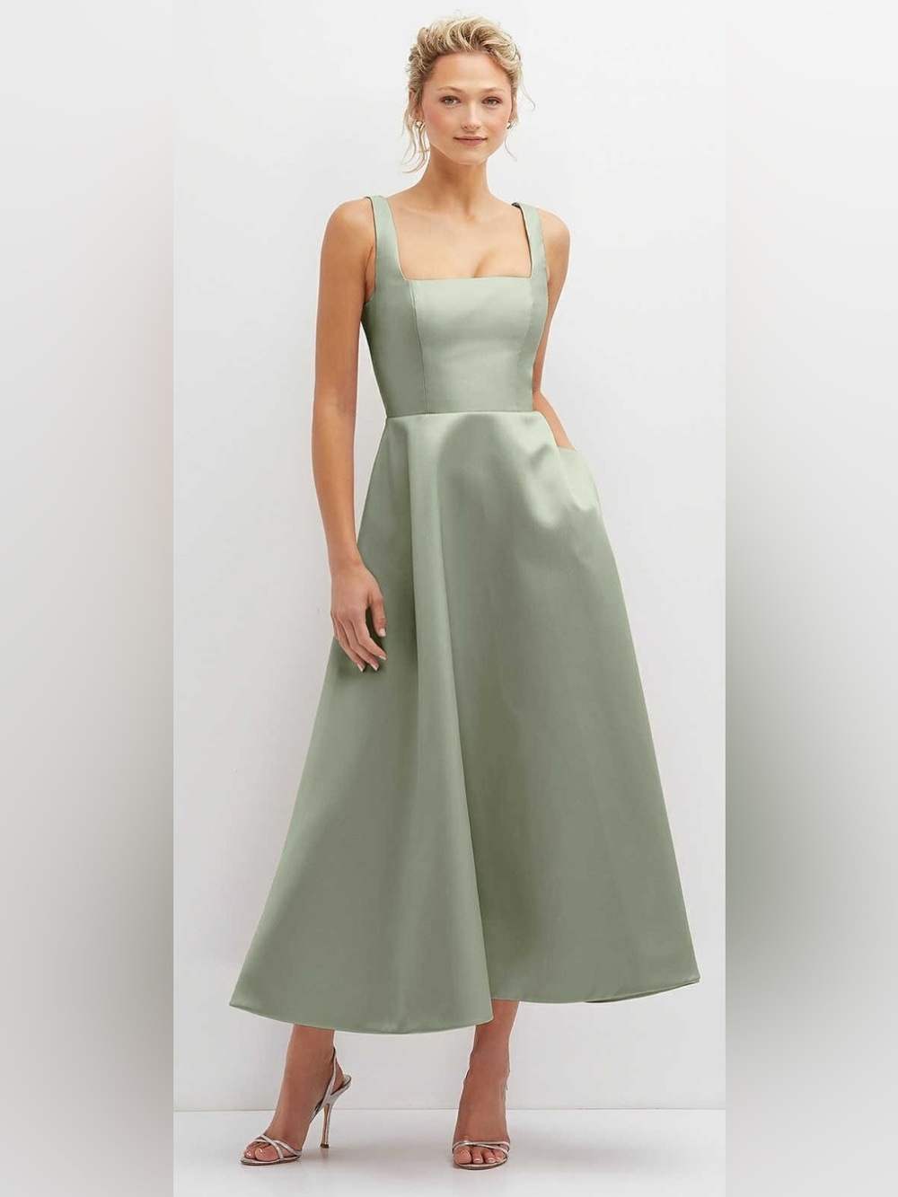 Dessy Group Square Neck Satin Midi Dress in Sage